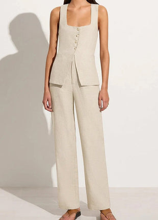 Cotton Sleeveless Square Collar Lace Up Vest High Waist Wide Leg Pants Suit Set