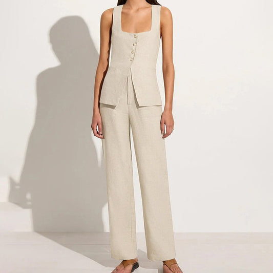Cotton Sleeveless Square Collar Lace Up Vest High Waist Wide Leg Pants Suit Set