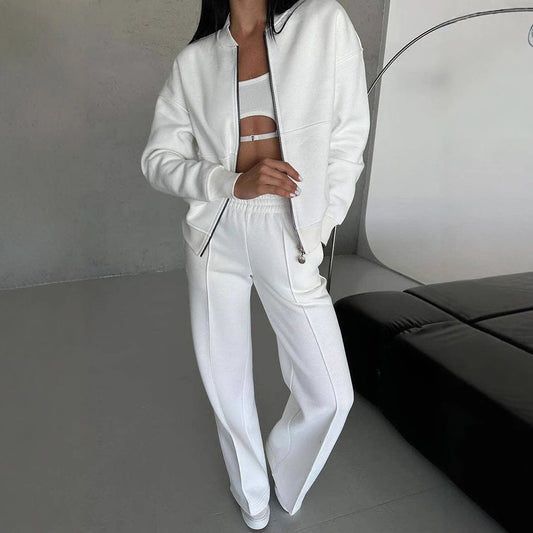 Zipper Jacket and Wide Leg Pants Set