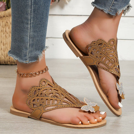 Rhinestone Leather Hollow Flat
