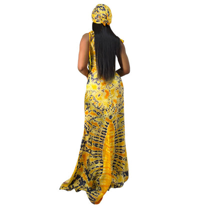 Fashionable Printed Suspenders Slim Fit Long Dress with Scarf