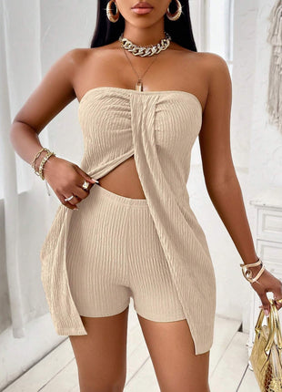 Twisted Front Split Strapless Top and Shorts Set