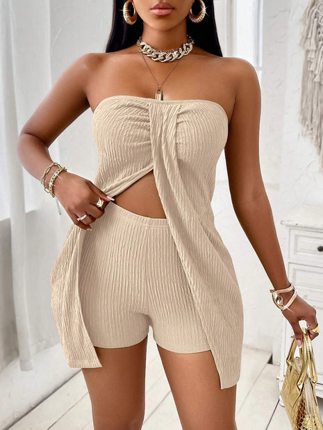Twisted Front Split Strapless Top and Shorts Set