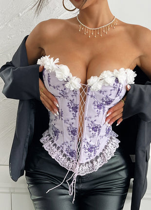 Embroidery Stitching Lace Flounce Trim Lace Up Chest-wrapped Vest