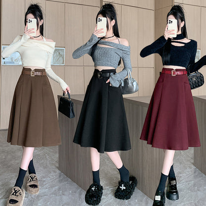 Woolen Skirt Mid-Length High Waist