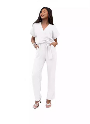 Short Sleeved V-neck Pocket Jumpsuit