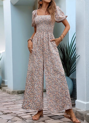 Square Collar Puff Sleeve Vacation Style Floral Jumpsuit