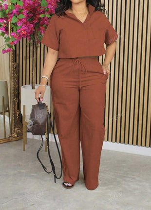 Short Sleeve Shirt and Wide-Leg Pants Set