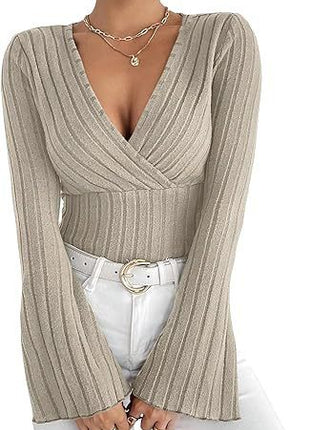 Autumn And Winter Rib Sunken Stripe V-neck Flared Slim-fit Long Sleeve T-shirt Elegant Women's Top