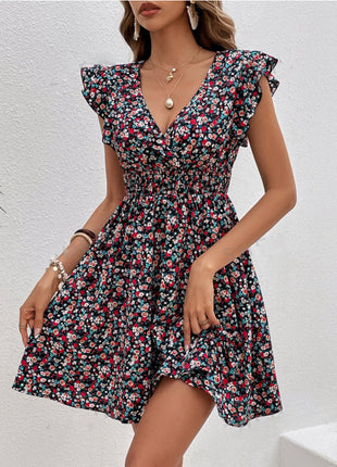 Small Floral Print High Waist Ruffles Dress