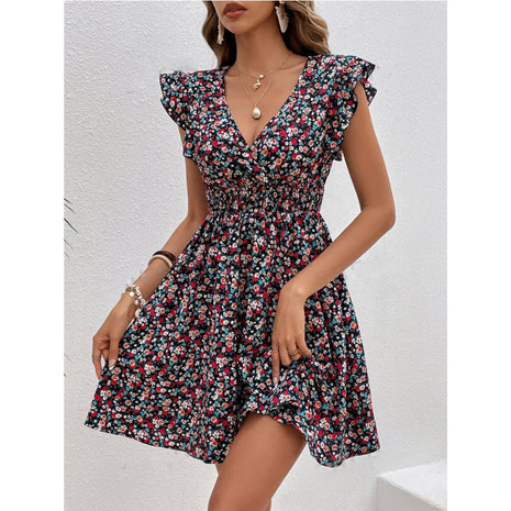 Small Floral Print High Waist Ruffles Dress