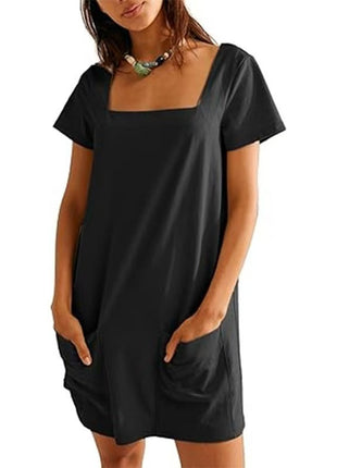 Square Collar Short Sleeve Short Skirt Pocket Dress