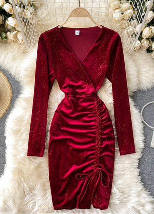 V-neck Waist Pack Buttock Velvet Long Sleeve Dress