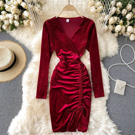 V-neck Waist Pack Buttock Velvet Long Sleeve Dress