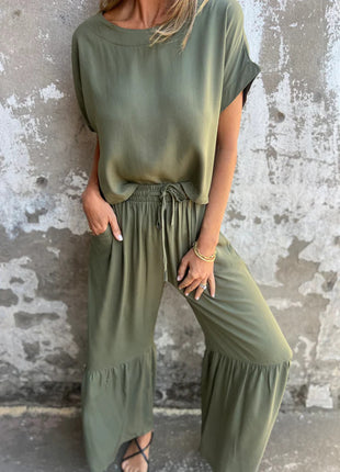 Short-sleeved Round Neck Pullover Top and Drawstring Wide-leg Pants Set