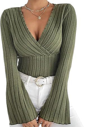 Autumn And Winter Rib Sunken Stripe V-neck Flared Slim-fit Long Sleeve T-shirt Elegant Women's Top