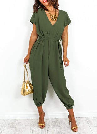V-neck Lace-up Waist Wide Leg Jumpsuit