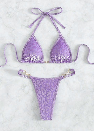 T-shaped Pearl Leopard Special Fabric Swimwear Swimsuit Bikini