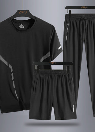 Men's Sports Short Sleeve  Pants Three-piece Thin Breathable