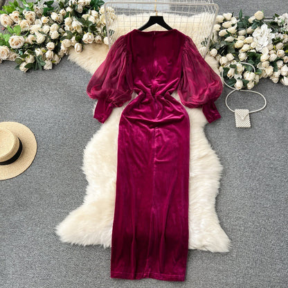 Vintage Velvet High-end Affordable Luxury Niche Lantern Sleeve Slim Mid-length Split Knee-length Court Style Dress