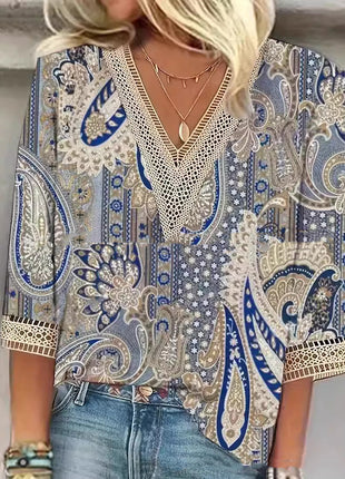 Casual V-neck Stitching Lace Short Sleeve