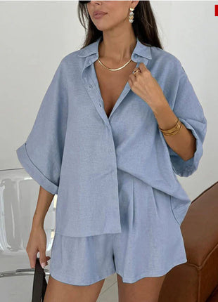 Polo Collar Half Sleeve Top and Shorts Two-piece Set