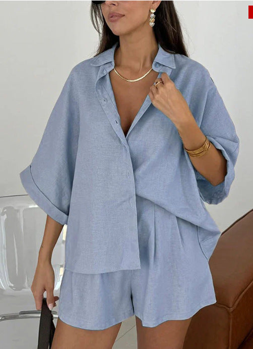 Polo Collar Half Sleeve Top and Shorts Two-piece Set