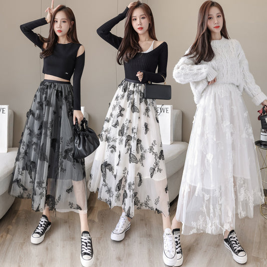 Embroidered Bow Lace Mesh Mid-length Skirt