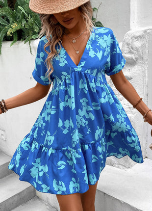 Print Batwing Sleeve Ruffle Hem Smock Dress Vacation Beach Outfits