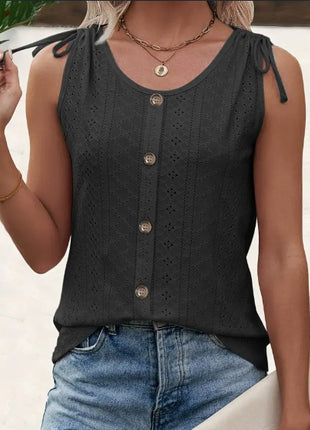 Eyelet Button Front Casual Sleeveless Tank Top