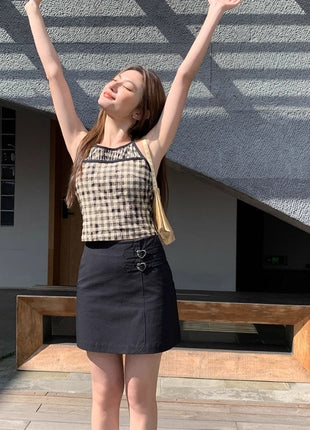 Split Stitching Plaid Halter Vest