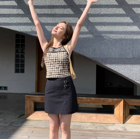 Split Stitching Plaid Halter Vest