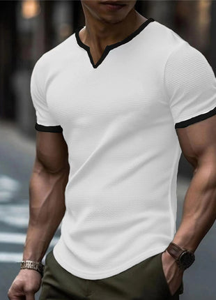 Color-block V Neck Outdoor Sports Waffle T-shirt