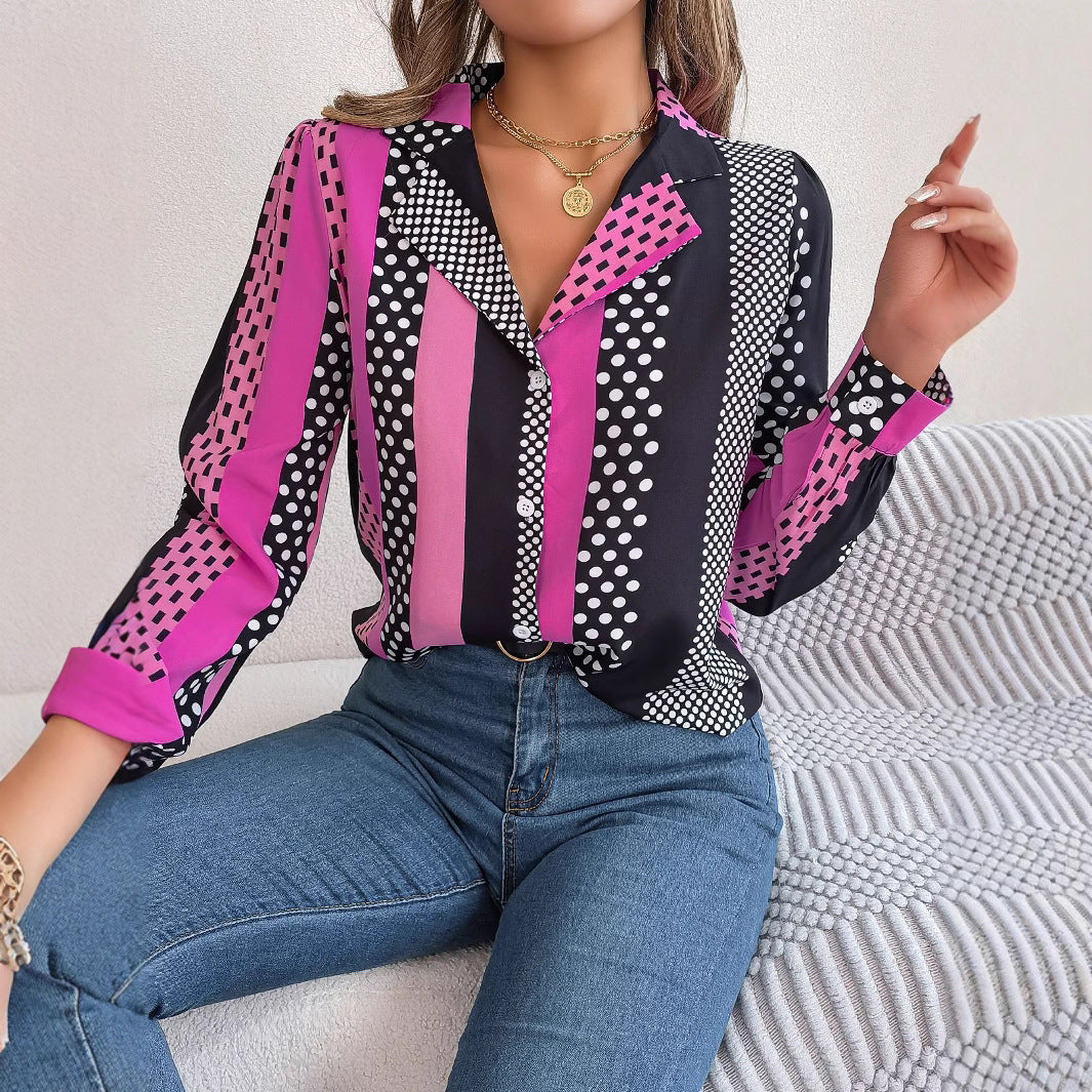 Polka Dot Suit Collar Long Sleeve Shirt