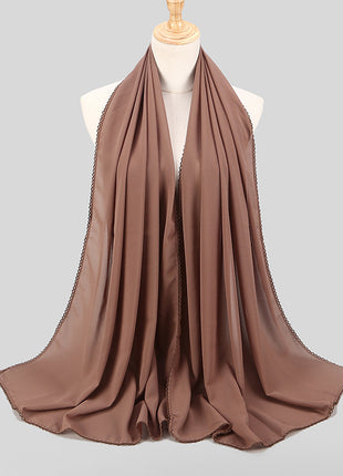 Elegant Women's Monochrome Lace Panel Pearl Chiffon Scarf