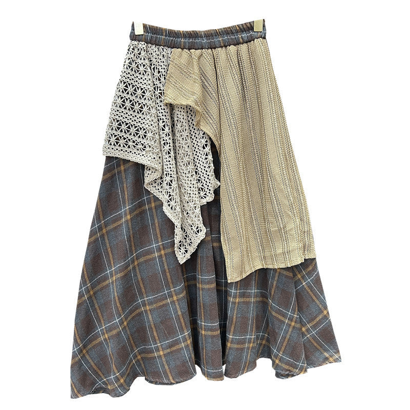 Irregular Stitching Color-contrast Check Skirt