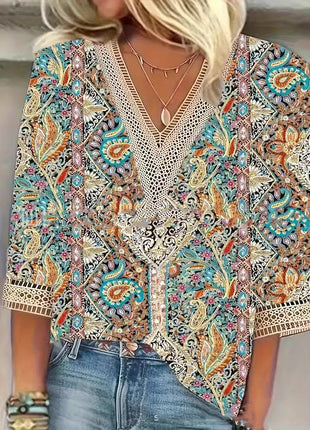 Casual V-neck Stitching Lace Short Sleeve