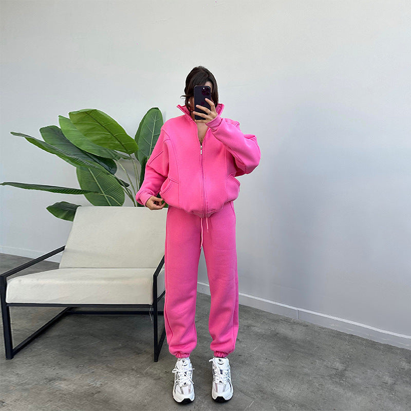 Stand-up Collar Zipper and Drawstring Trousers Set with Pockets