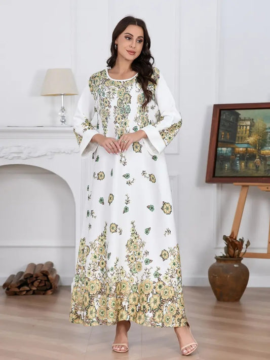 Elegant Flower Diamond Long Sleeve Round Neck Dress