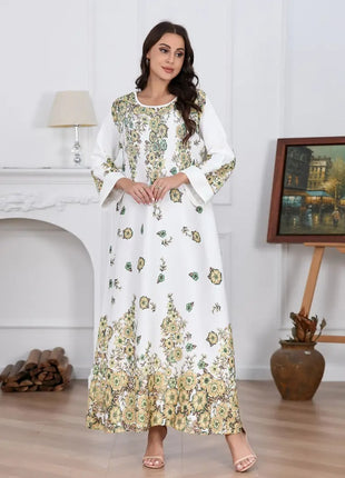 Elegant Flower Diamond Long Sleeve Round Neck Dress