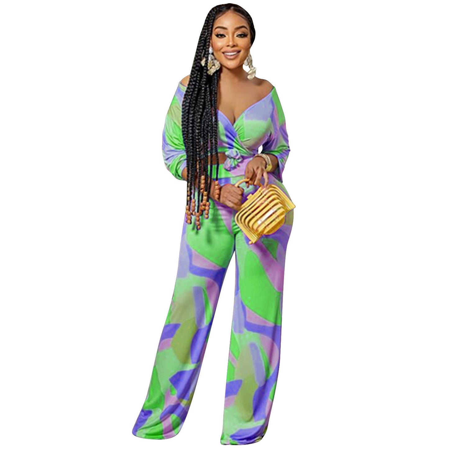 Irregular Pattern Long-sleeved Trousers V-neck Two-piece Suit