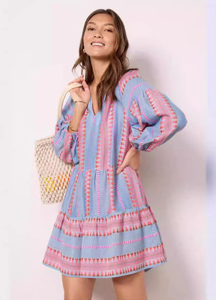 Sleeve V-neck Striped Printed A- Line Skirt Dress