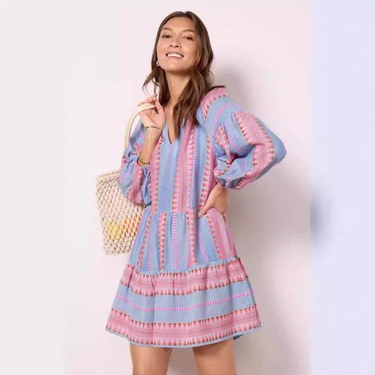 Sleeve V-neck Striped Printed A- Line Skirt Dress