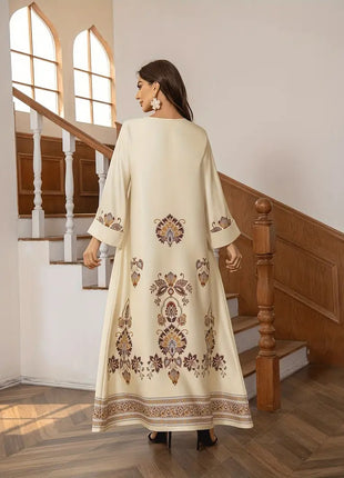 Elegant Floral Printed Middle Eastern Long Dress