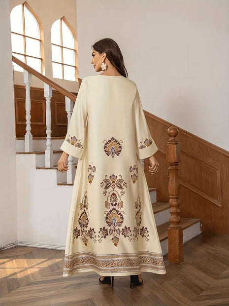 Elegant Floral Printed Middle Eastern Long Dress