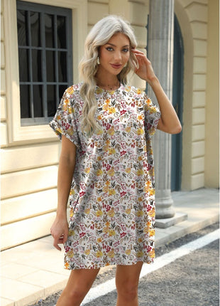 Loose Crew Neck Short Sleeve Printed Pocket Dress