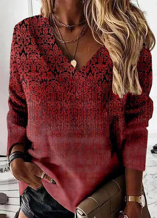 Retro V-neck Long-sleeved T-shirt