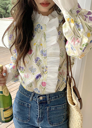 Romantic Turtleneck Patchwork Ruffled Flare Sleeve Shirt