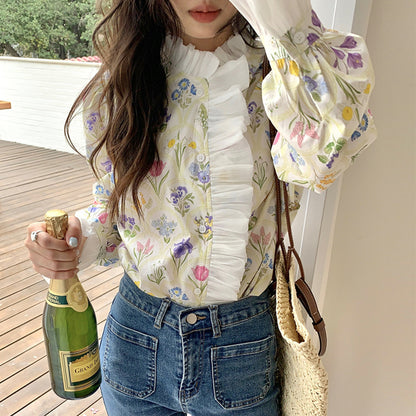 French Romantic Turtleneck Patchwork Ruffled Printing Flare Sleeve Shirt