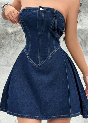 Off-shoulder Low Collar Sexy Fishbone Waist Tight Denim Dress